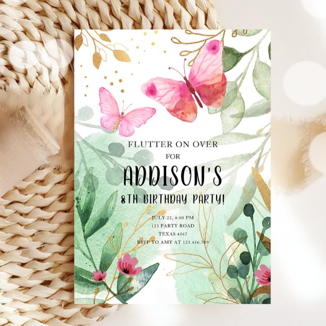 Invitación Mariposa Jardín Flores Florales Oro Rosado Cumplea (Subido por el creador)