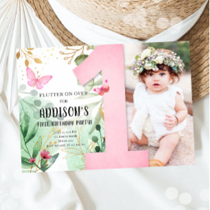 Invitación Mariposa Jardín Flores Florales Primer cumpleaños