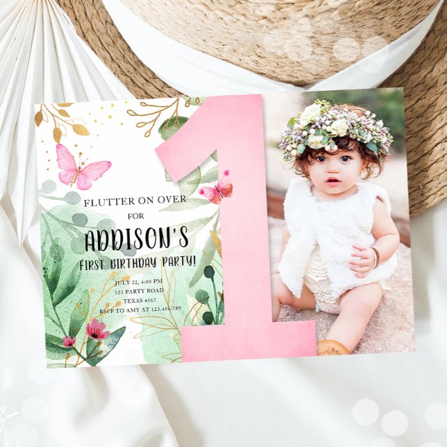 Invitación Mariposa Jardín Flores Florales Primer cumpleaños (Subido por el creador)