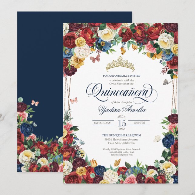 Invitación Mariposa Jardín Royal Azul Floral Rojo Quinceanera (Anverso / Reverso)