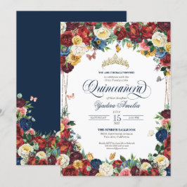 Invitación Mariposa Jardín Royal Azul Floral Rojo Quinceanera