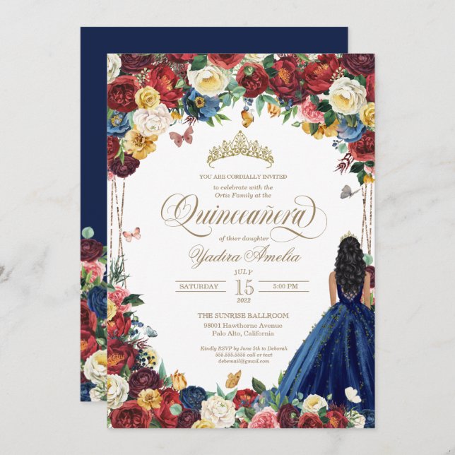 Invitación Mariposa Jardín Royal Azul Floral Rojo Quinceanera (Anverso / Reverso)