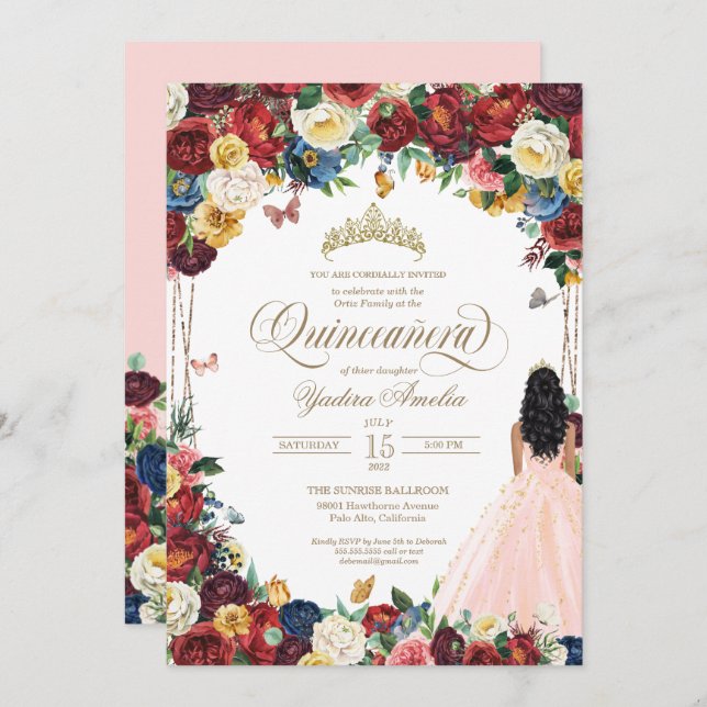 Invitación Mariposa Jardín Rubor Floral rosa Quinceanera (Anverso / Reverso)