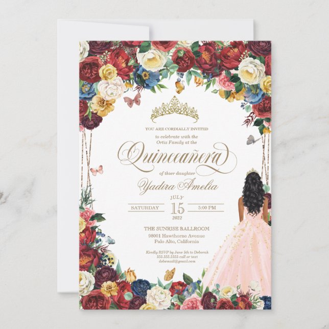 Invitación Mariposa Jardín Rubor Rosa Rojo Quinceanera (Anverso)