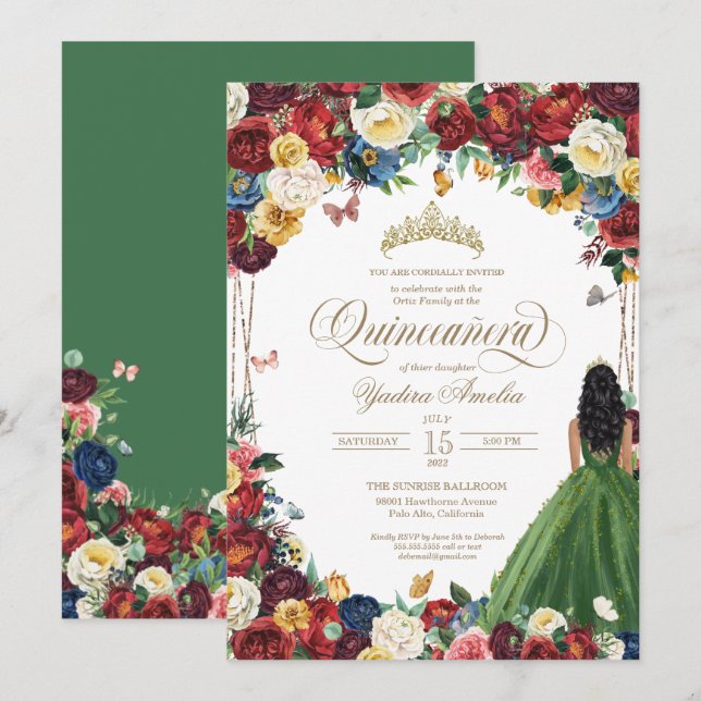 Invitación Mariposa Jardín Verde Guiso Real Rojo Quinceanera (Anverso / Reverso)