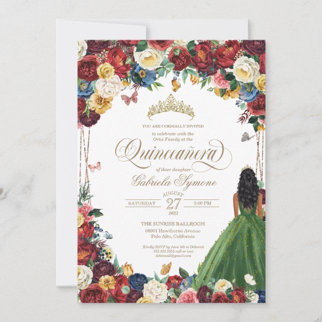 Invitación Mariposa Jardín Verde Vocal Floral Quinceanera En (Anverso)