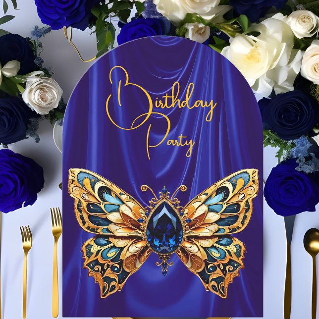Invitación Mariposa joya azul oro de cumpleaños impresionante (Subido por el creador)