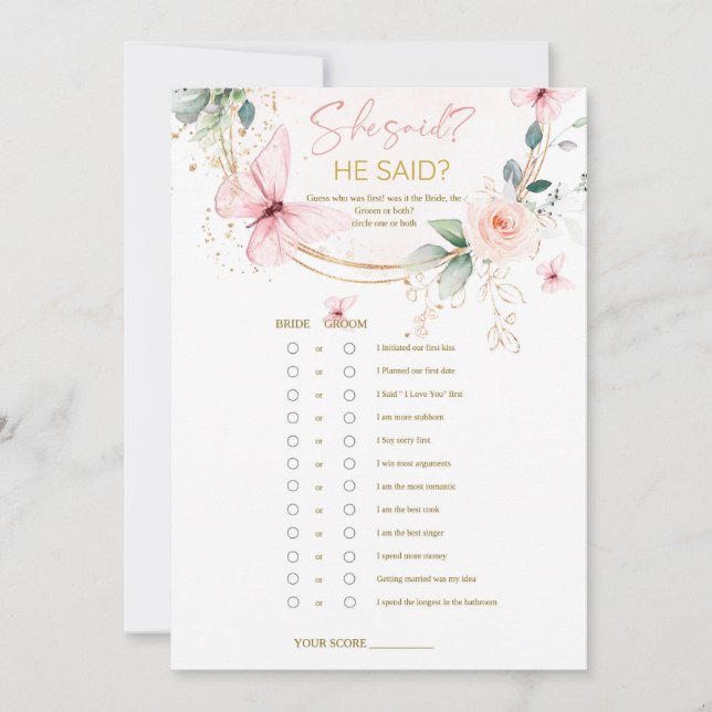 Invitación Mariposa  Juego de "él dijo, ella dijo" con flores (Anverso)