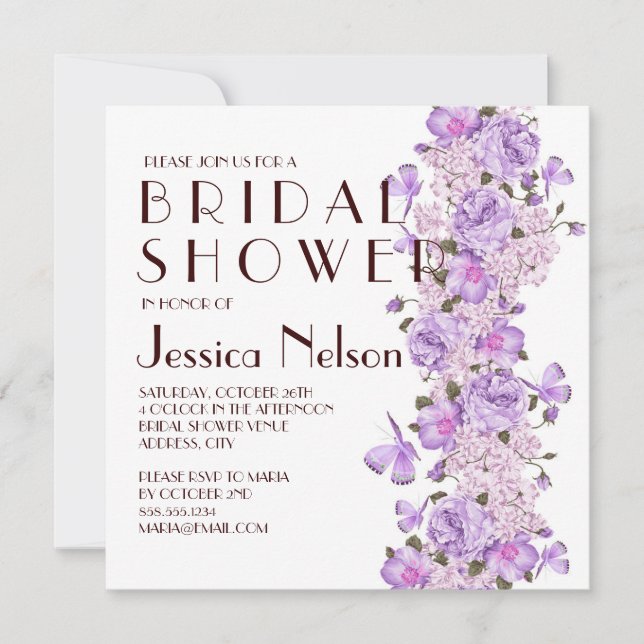 Invitación Mariposa Lavender Floral Jardín Bridal Ducha (Anverso)