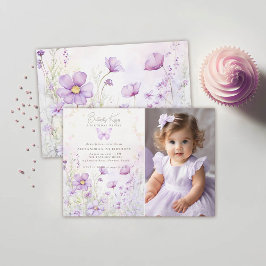 Invitación Mariposa Lavender Flores salvajes Foto Primer cump