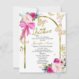 Invitación Mariposa lazo floral rosa caliente Quinceanera esp