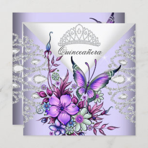 Invitación Mariposa Lilac Púrpura Tiara Quinceanera Floral
