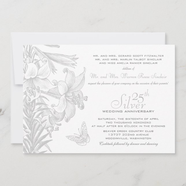 Invitación Mariposa Lilies Silver 25° Aniversario Boda (Anverso)