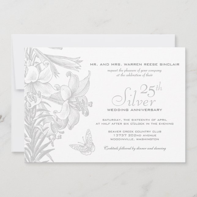 Invitación Mariposa Lilies Silver 25° Aniversario Boda (Anverso)