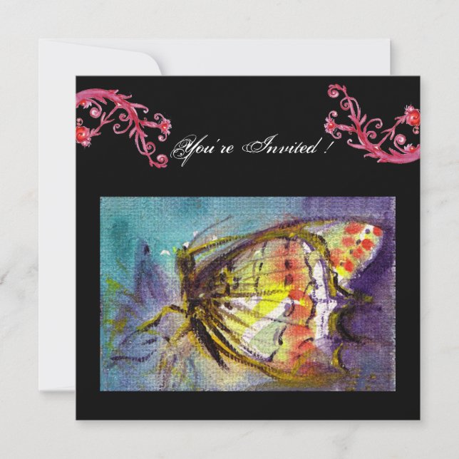 Invitación MARIPOSA MÁGICA CON HERRAMIENTAS FLORALES ROJAS, a (Anverso)