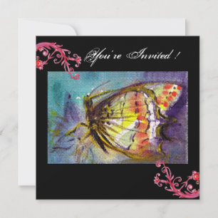 Invitación MARIPOSA MÁGICA CON REMOLINOS FLORALES ROJOS ,azul