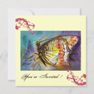 Invitación MARIPOSA MÁGICA CON REMOLINOS FLORALES ROJOS ,crem