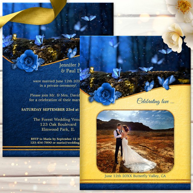 Invitación Mariposa mágica tu fiesta de boda de post foto (After wedding party invitation showing an enchanted forest at night with butterflies + custom photo)