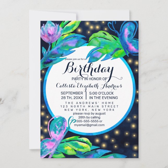 Invitación Mariposa marina Floral deja acuarela Cumpleaños (Anverso)