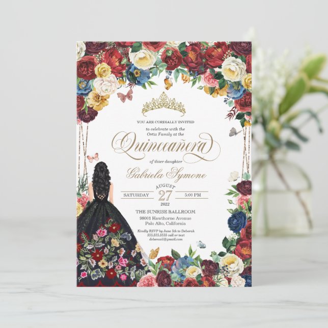 Invitación Mariposa Mariposa Floral Mexicana Quinceanera (Anverso de pie)