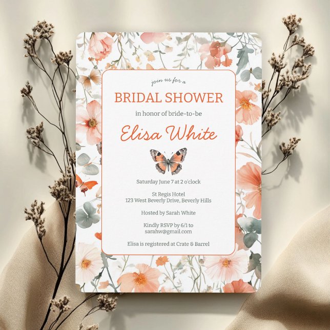 Invitación Mariposa Meadow Watercolor Bridal Shower PERSONALI (Butterfly Meadow Watercolor Bridal Shower CUSTOM Invitation
)