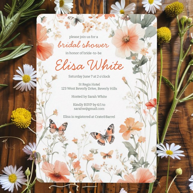 Invitación Mariposa Meadow Watercolor Bridal Shower PERSONALI (Butterfly Meadow Watercolor Bridal Shower CUSTOM Invitation
)