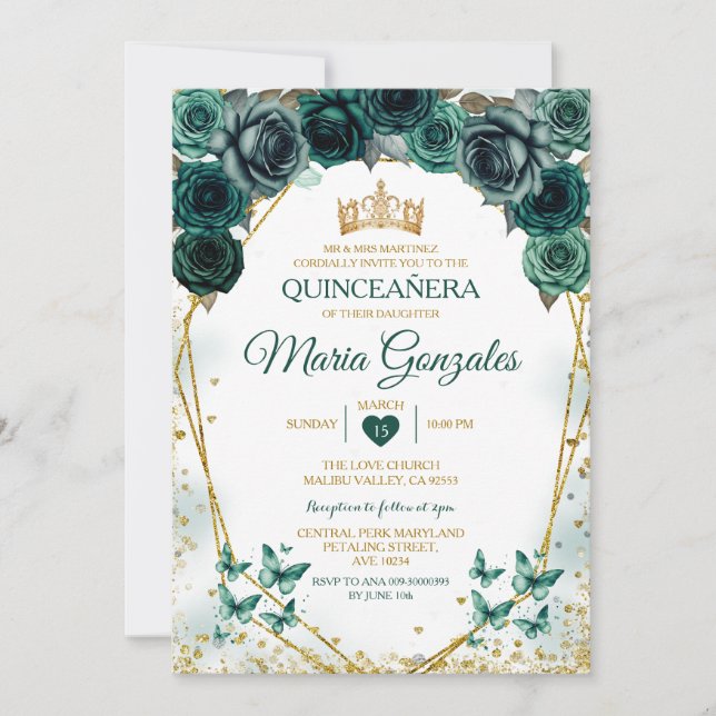 Invitación Mariposa mexicana Quinceañera Emerald Green (Anverso)