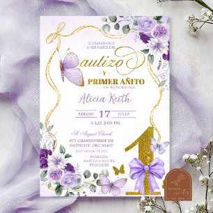 Invitación Mariposa Morada Bautizo Y Primer Anito en Español