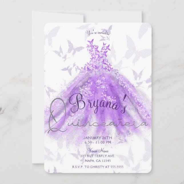 Invitación Mariposa morada Dance Vestido Plata Quinceañera 15 (Anverso)