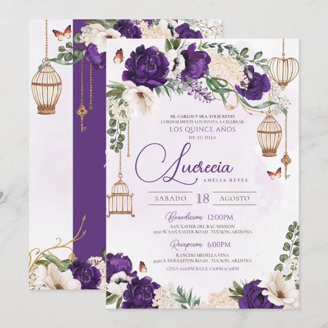 Invitación Mariposa Morada de Oro Floral Elegante Quinceañera (Anverso / Reverso)