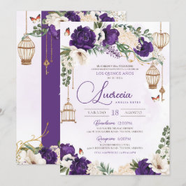 Invitación Mariposa Morada de Oro Floral Elegante Quinceañera