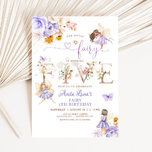 Invitación Mariposa morada Flora mágica floral 5 cumpleaños