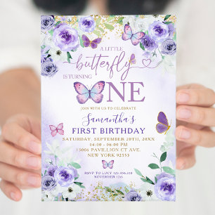 Invitación Mariposa morada floral cumple un cumpleaños