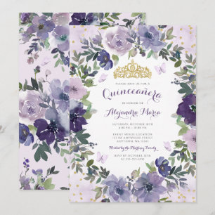 Invitación Mariposa morada Floral Oro Tiara Quinceanera