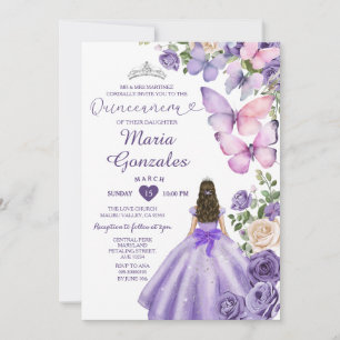 Invitación Mariposa morada Princesa Vestido Floral Quinceañer