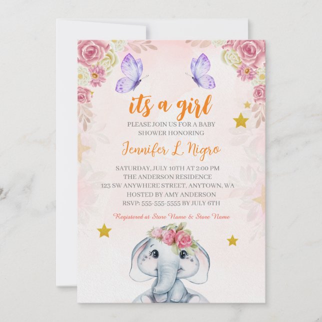 Invitación Mariposa morada rosada y elofante (Anverso)