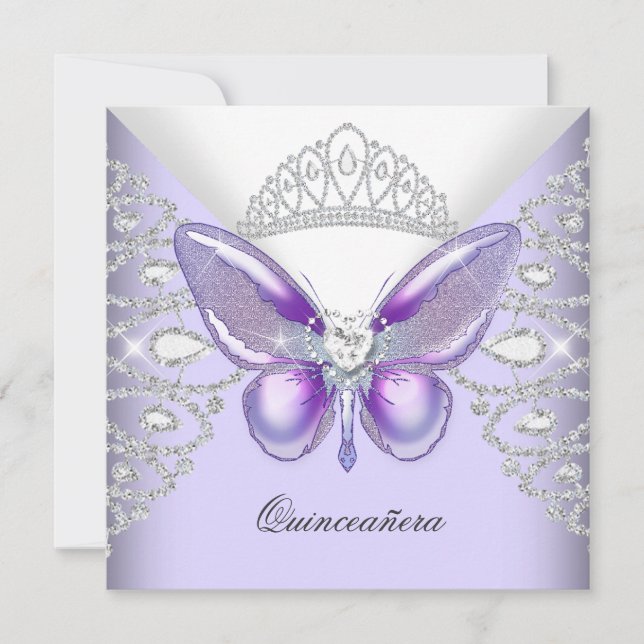 Invitación Mariposa morada Tiara Quinceanera 15.ª Fiesta (Anverso)