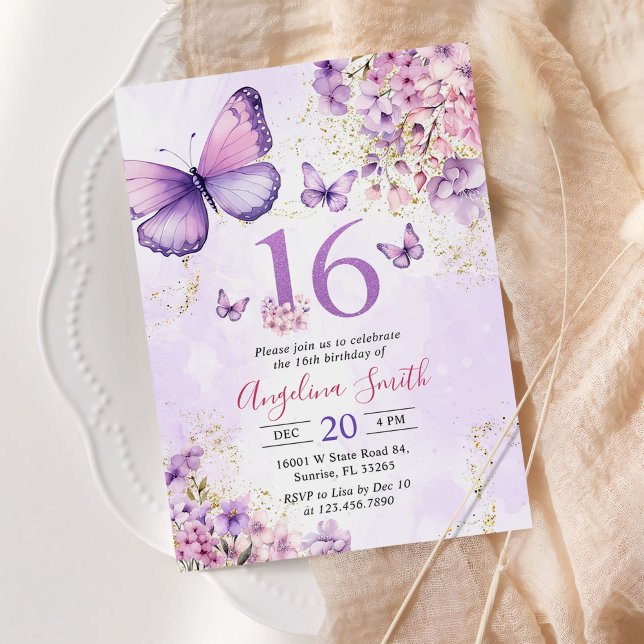 Invitación Mariposa morada y dorada floral 16º cumpleaños (Subido por el creador)