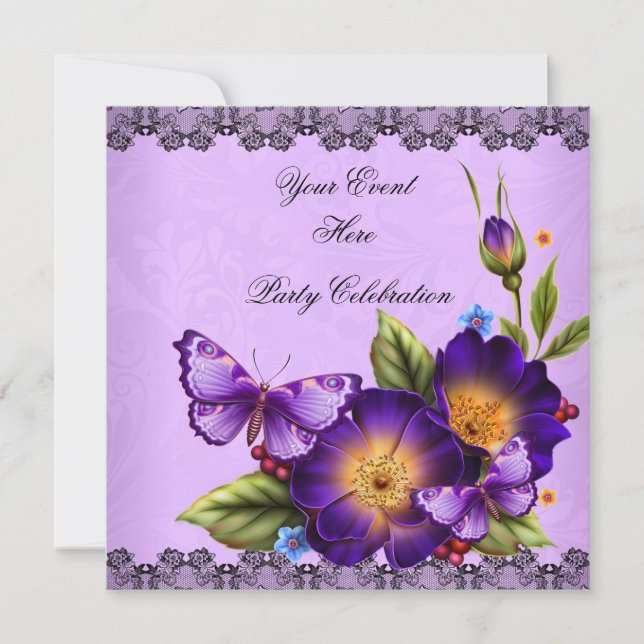 Invitación Mariposa Morado Encaje Flor Damask Fiesta (Anverso)