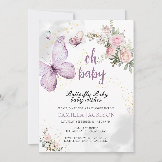 Invitación Mariposa Morado Floral Rosa Invitat Baby Shower (Anverso)