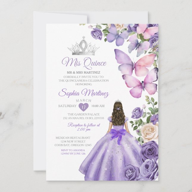 Invitación Mariposa Morado Lilac Quinceanera Cumpleaños Crown (Anverso)