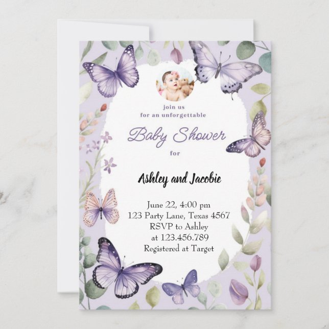 Invitación Mariposa Morado vegetación Floral Chica (Anverso)