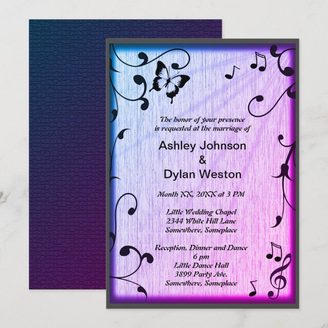 Invitación Mariposa musical deja Boda de madera azul y púrpur (Anverso / Reverso)