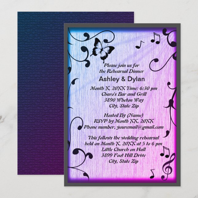 Invitación Mariposa musical deja Boda de madera azul y púrpur (Anverso / Reverso)