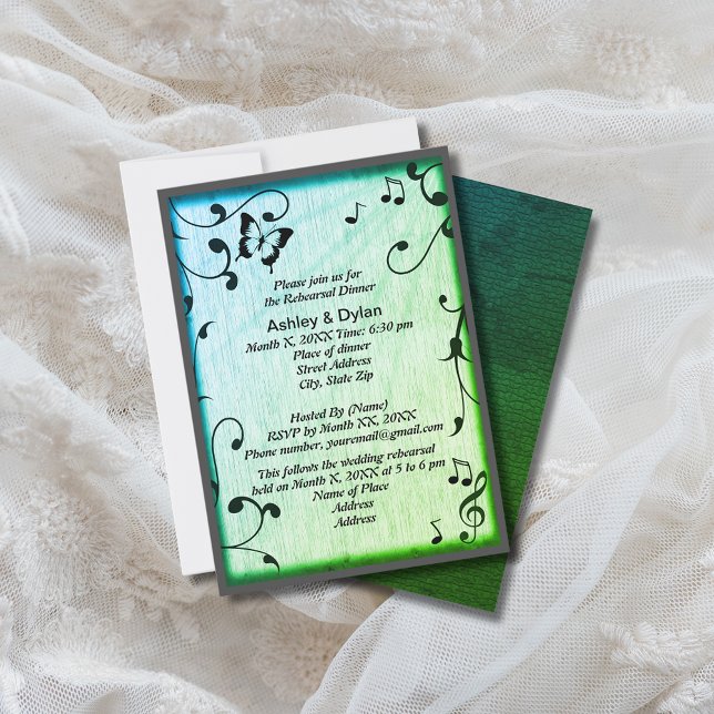 Invitación Mariposa musical deja Boda de Madera Verde (Music Butterfly Leaves Green Wood Wedding Invitation)