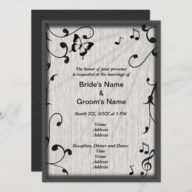 Invitación Mariposa musical deja Boda gris y madera negra (Anverso / Reverso)
