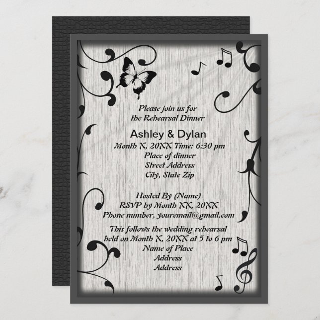 Invitación Mariposa musical deja una cena de ensayo gris negr (Anverso / Reverso)