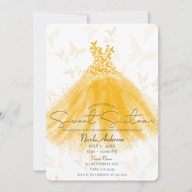Invitación Mariposa Naranja de danza crema vestido dulce 16 F (Anverso)