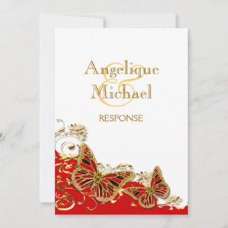 Invitación Mariposa nupcial roja blanca dorada