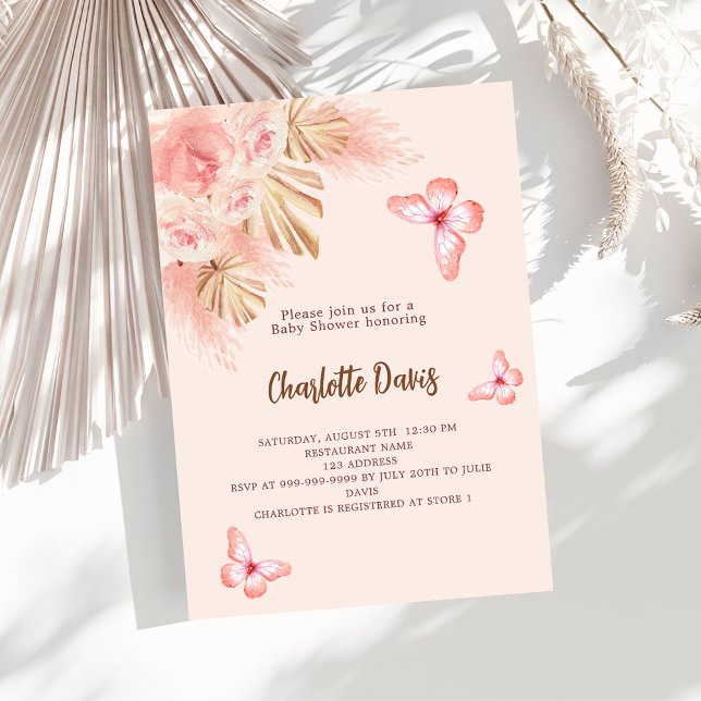 Invitación Mariposa pampas pasto rosa lujo Baby Shower (Subido por el creador)